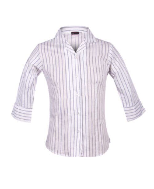 Girls Business Cut School Blouse, in White with wide Navy Pin Stripe