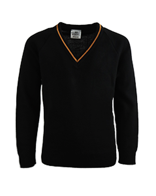 Black V-Neck Acrylic School Jumper with Gold Stripe