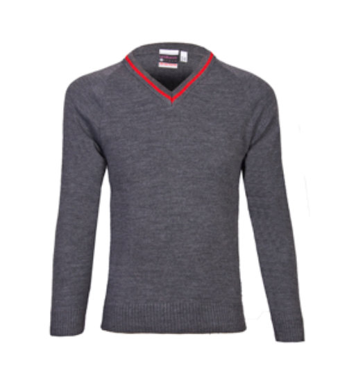 Grey V-Neck Acrylic School Jumper with Red Stripe
