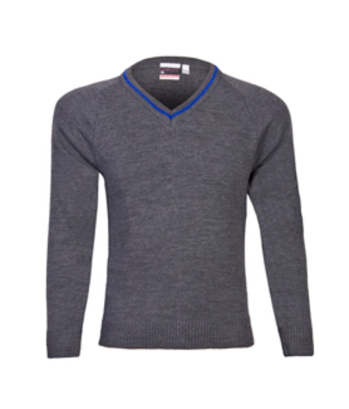 Grey V-Neck Acrylic School Jumper with Royal Blue Stripe