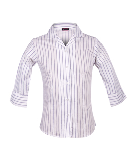 Girls Business Cut School Blouse, in White with wide Navy Pin Stripe